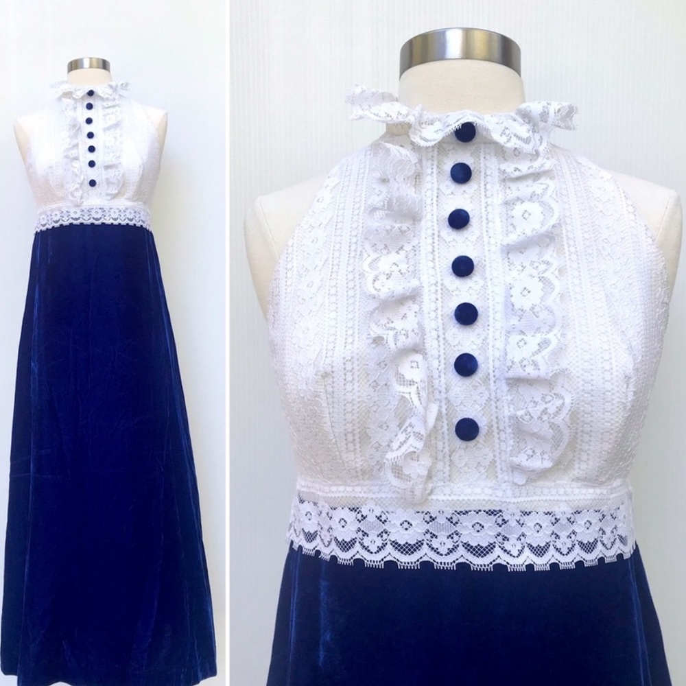 Vintage 60’s blue velvet white lace prairie gothic maxi dress formal gown